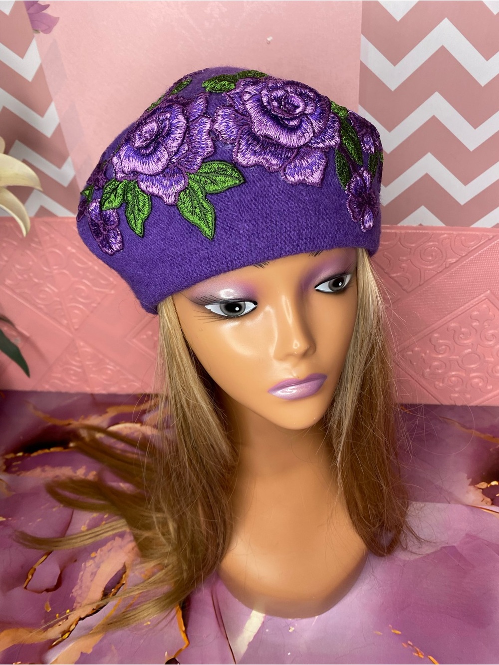 ๐๐ท Purple Floral Embroidered Wool Feel Beret ๐ท๐ NWT - Picture 3 of 10